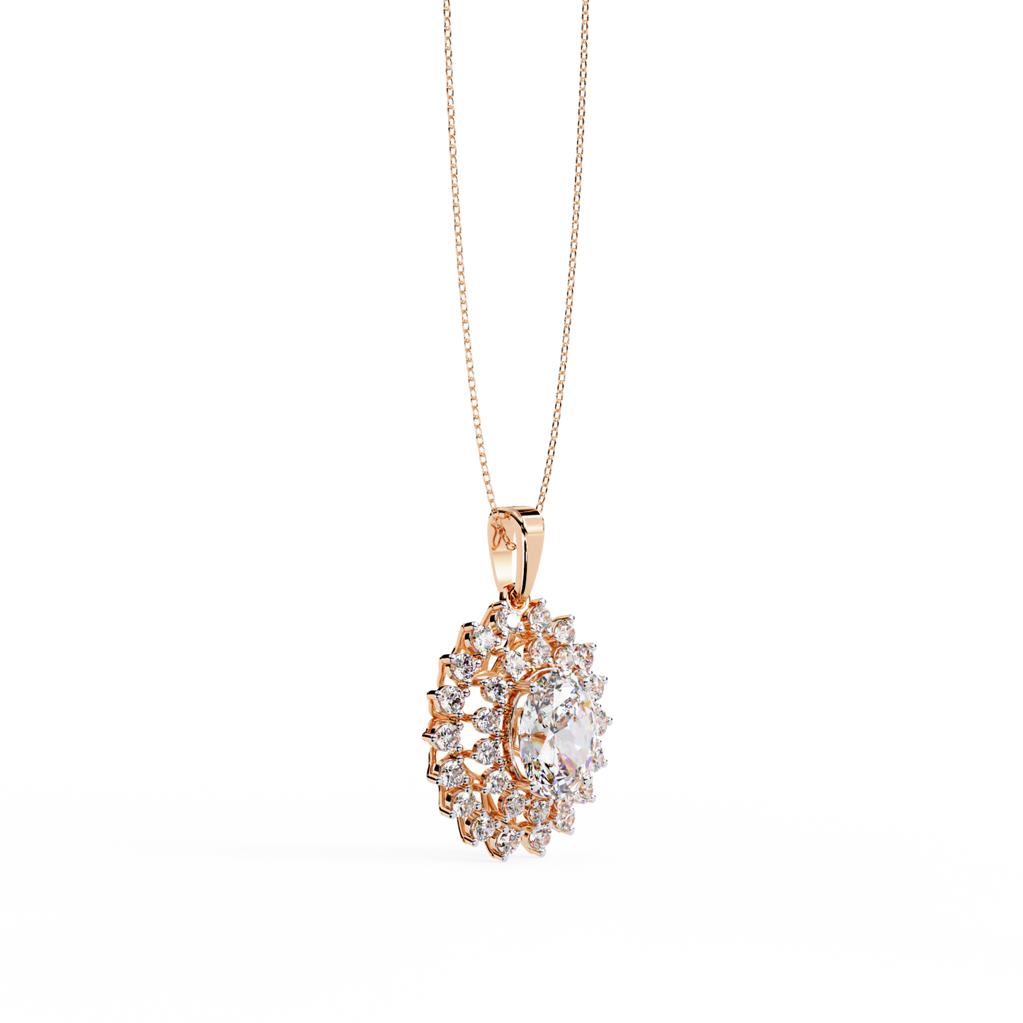 Rose gold oval diamond pendant with floral halo design