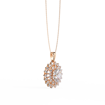 Rose gold oval diamond pendant with floral halo design