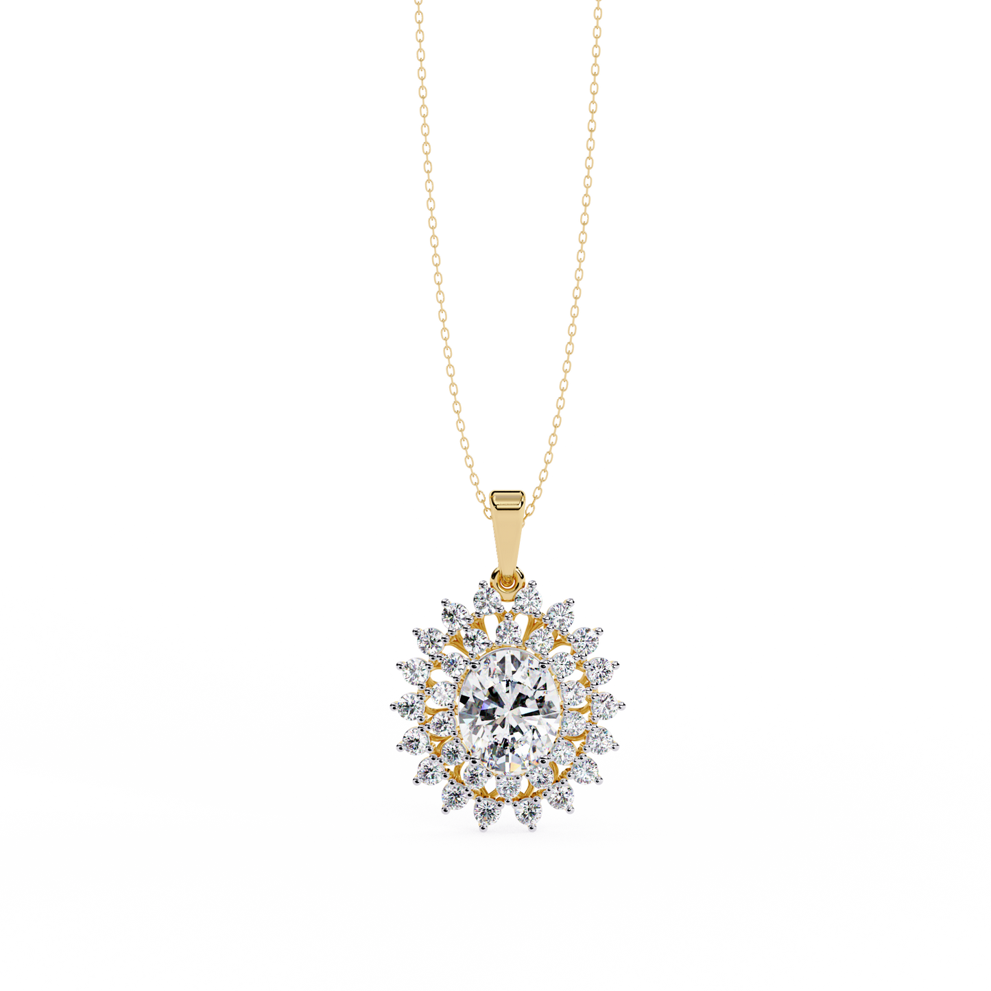 Oval center stone pendant with double diamond halo