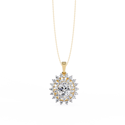 Oval center stone pendant with double diamond halo