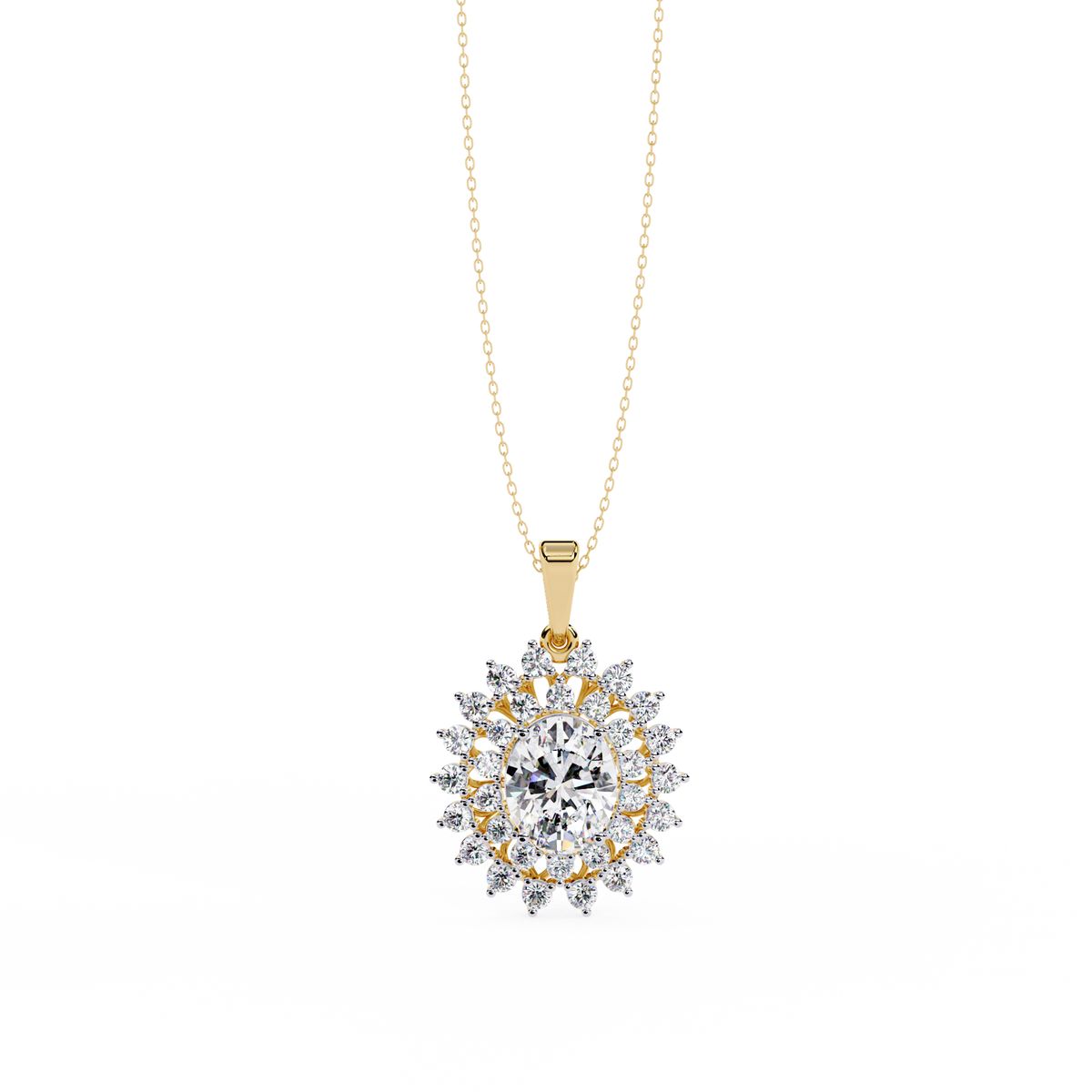 Oval center stone pendant with double diamond halo