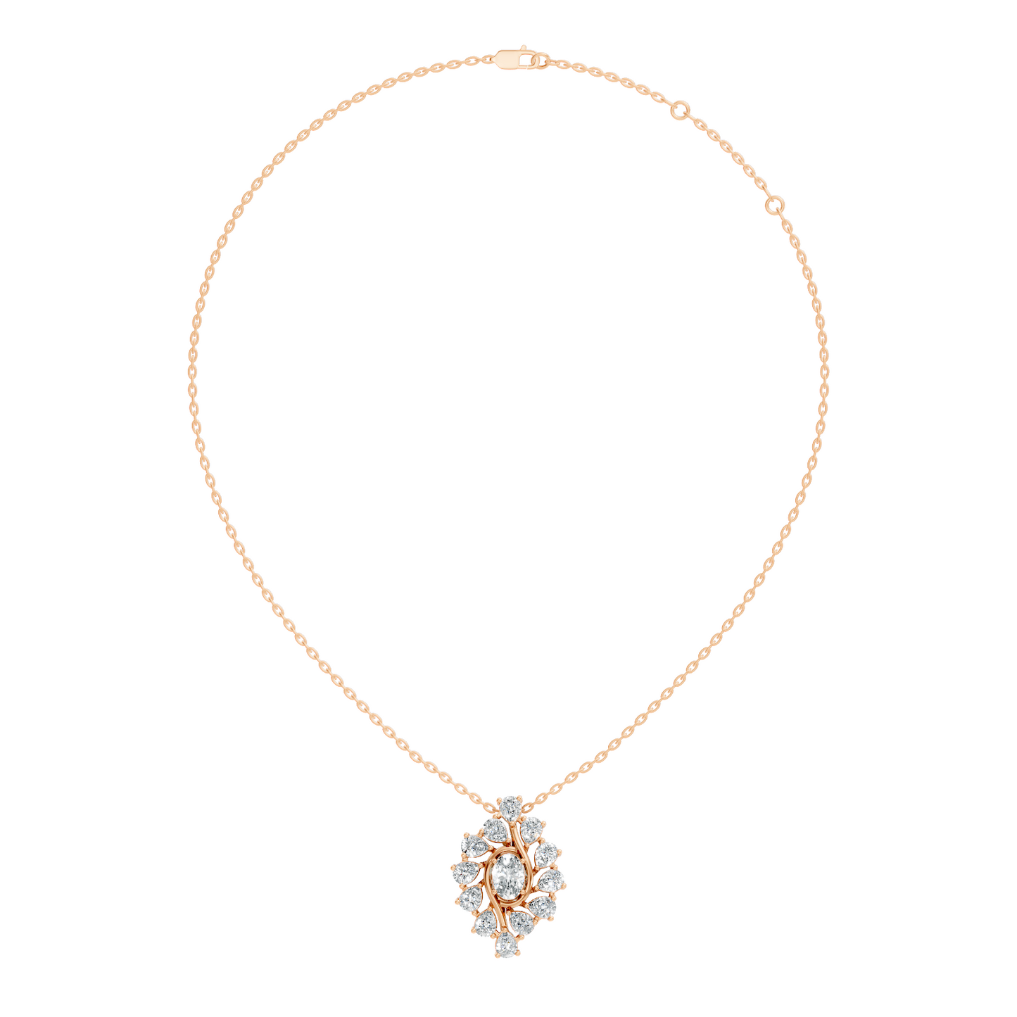 Oval Lab-Grown Diamond Floral Halo Pendant 14K White Gold Necklace With Pear Elegence