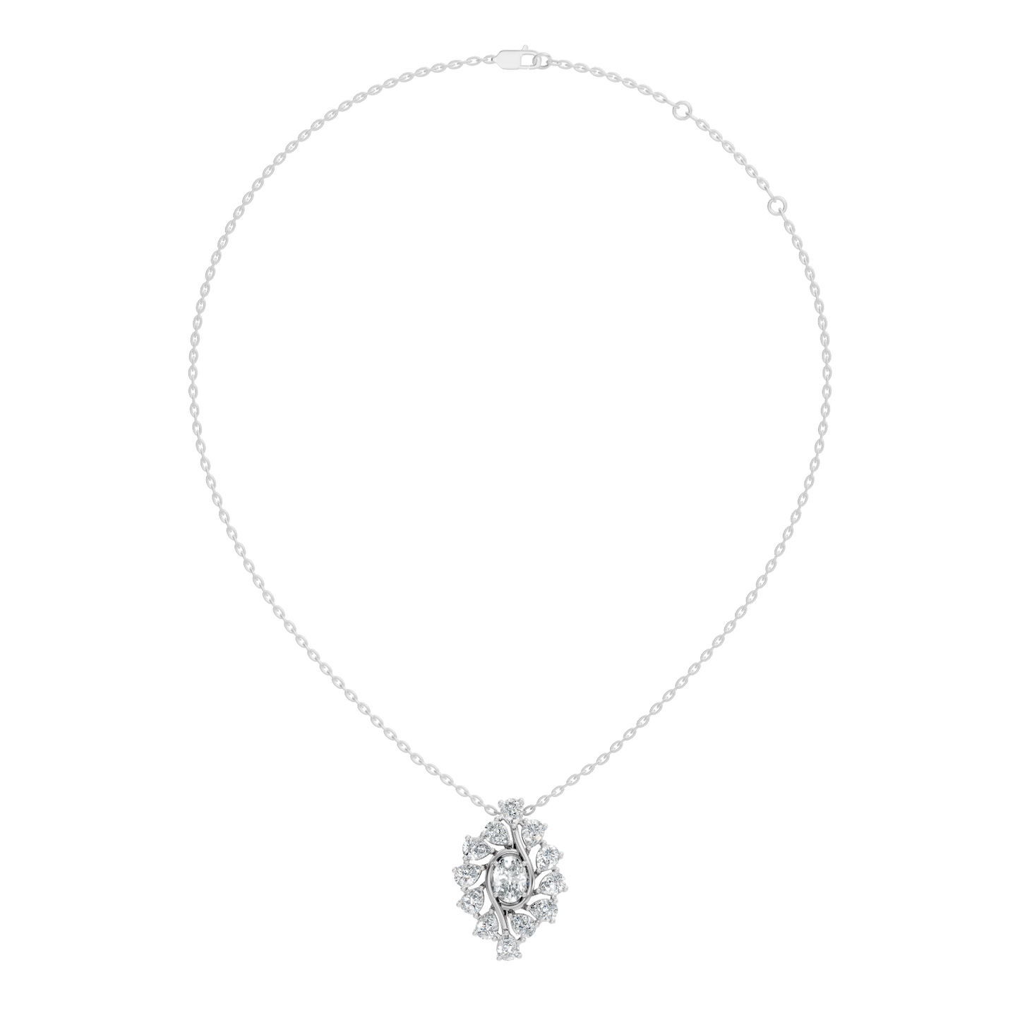 Oval Lab-Grown Diamond Floral Halo Pendant 14K White Gold Necklace With Pear Elegence