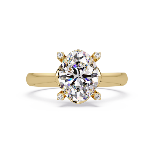 Front view of oval cut lab grown diamond solitaire ring with accent prongs