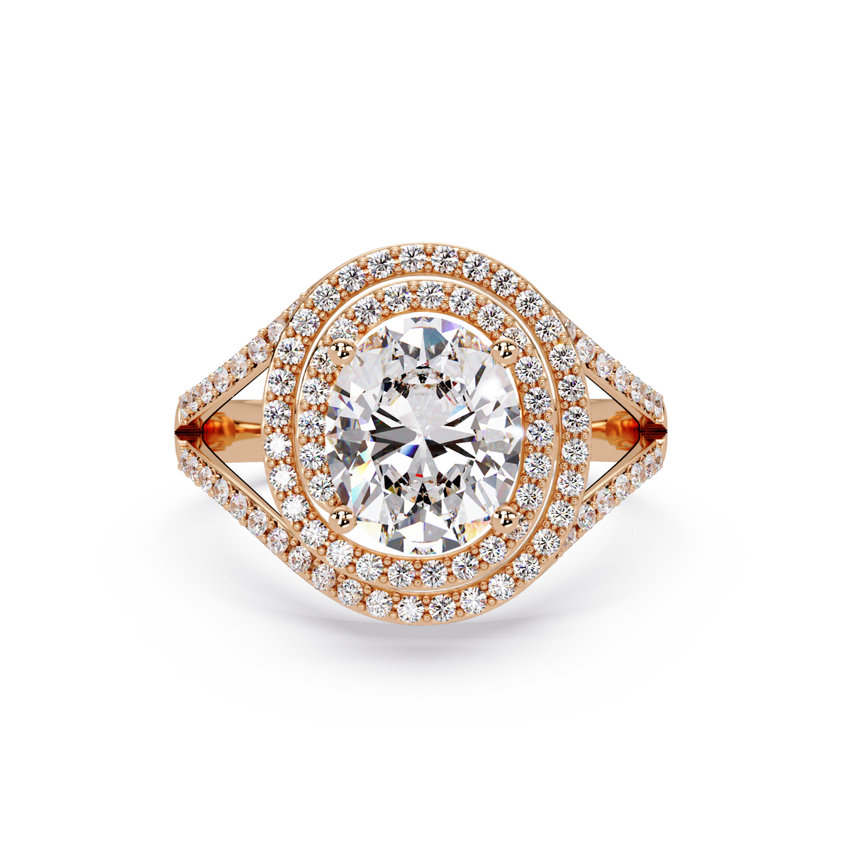 Oval Lab Grown Diamond Split Shank Double Halo Ring - HIGHCARAT DIAMONDS