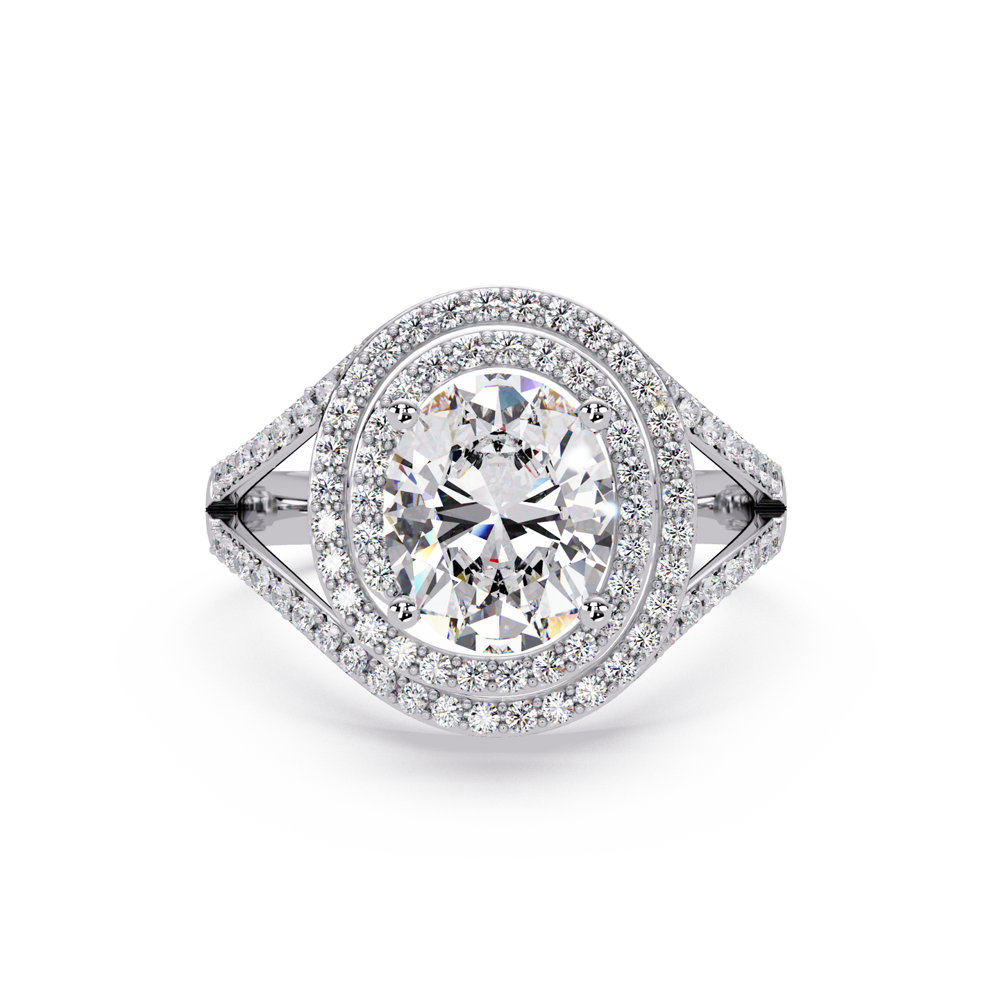 Oval Lab Grown Diamond Split Shank Double Halo Ring - HIGHCARAT DIAMONDS