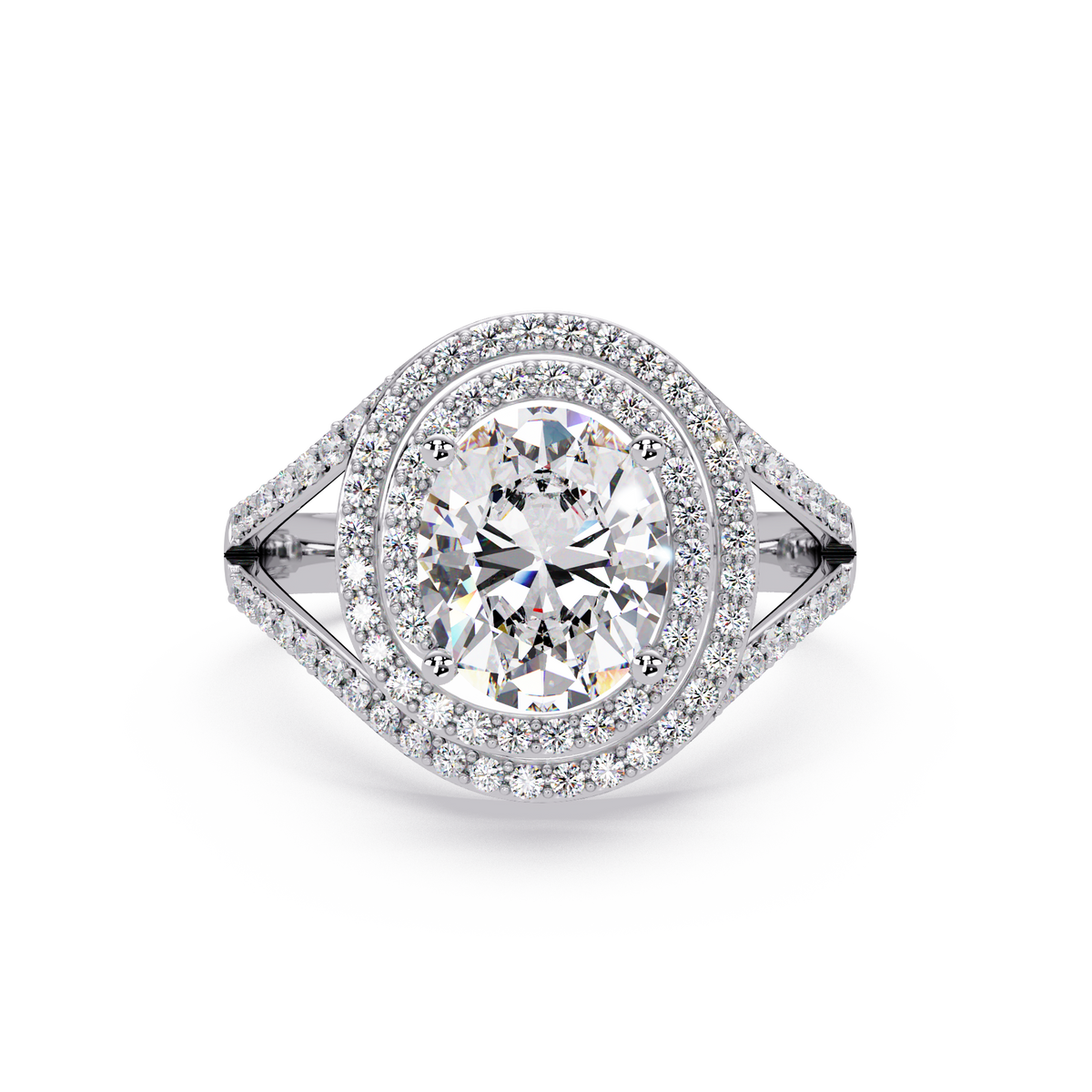 Oval Lab Grown Diamond Split Shank Double Halo Ring - HIGHCARAT DIAMONDS