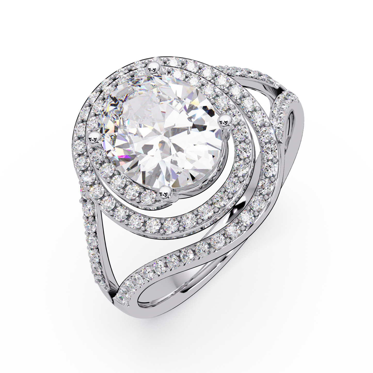 Oval Lab Grown Diamond Split Shank Double Halo Ring - HIGHCARAT DIAMONDS