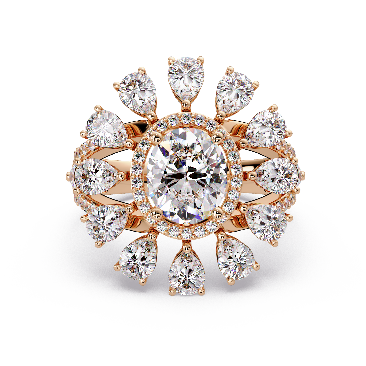 Oval Lab Grown Diamond Sunburst Halo Statement Ring - HIGHCARAT DIAMONDS
