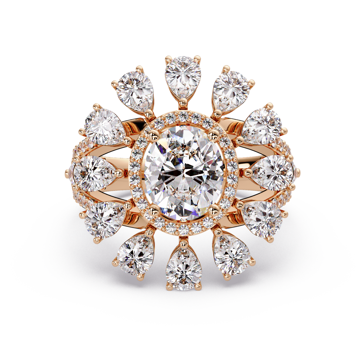 Oval Lab Grown Diamond Sunburst Halo Statement Ring - HIGHCARAT DIAMONDS