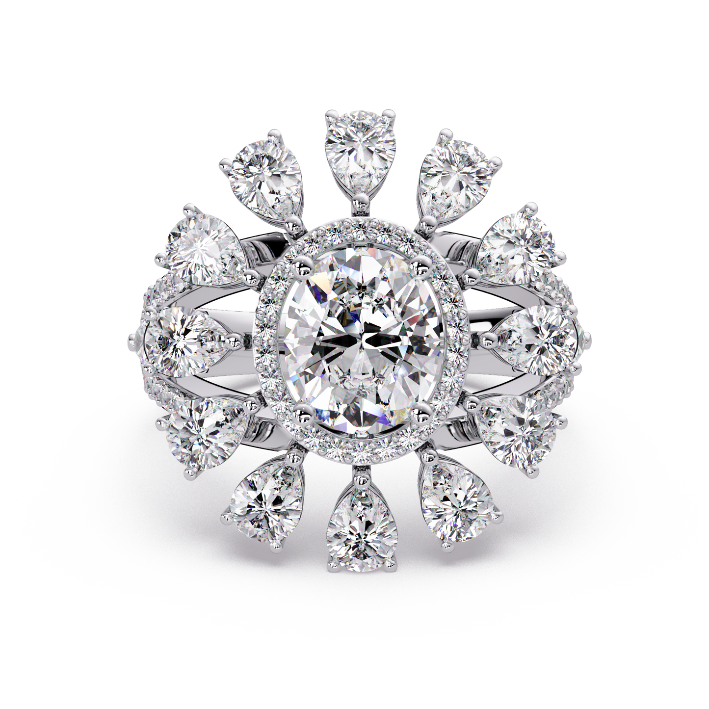 Oval Lab Grown Diamond Sunburst Halo Statement Ring - HIGHCARAT DIAMONDS