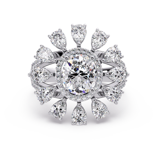 Oval Lab Grown Diamond Sunburst Halo Statement Ring - HIGHCARAT DIAMONDS