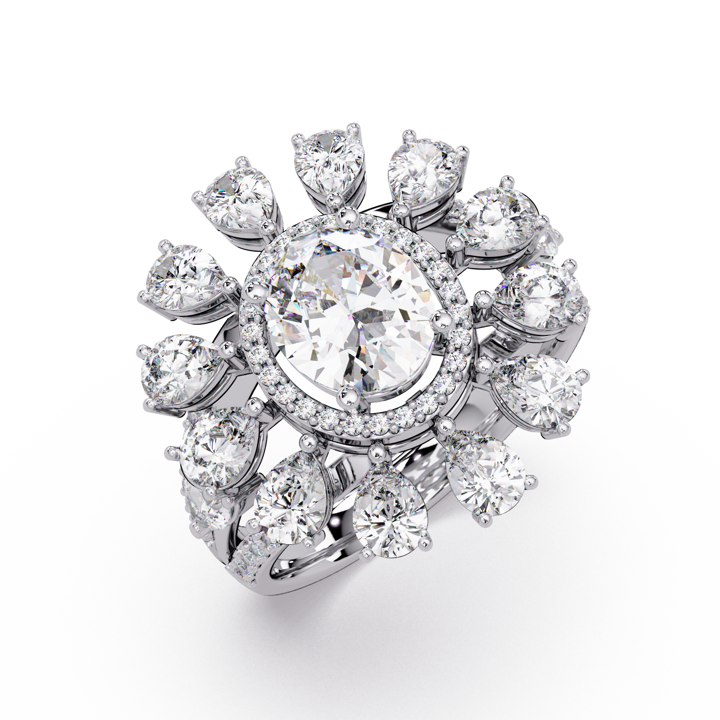 Oval Lab Grown Diamond Sunburst Halo Statement Ring - HIGHCARAT DIAMONDS