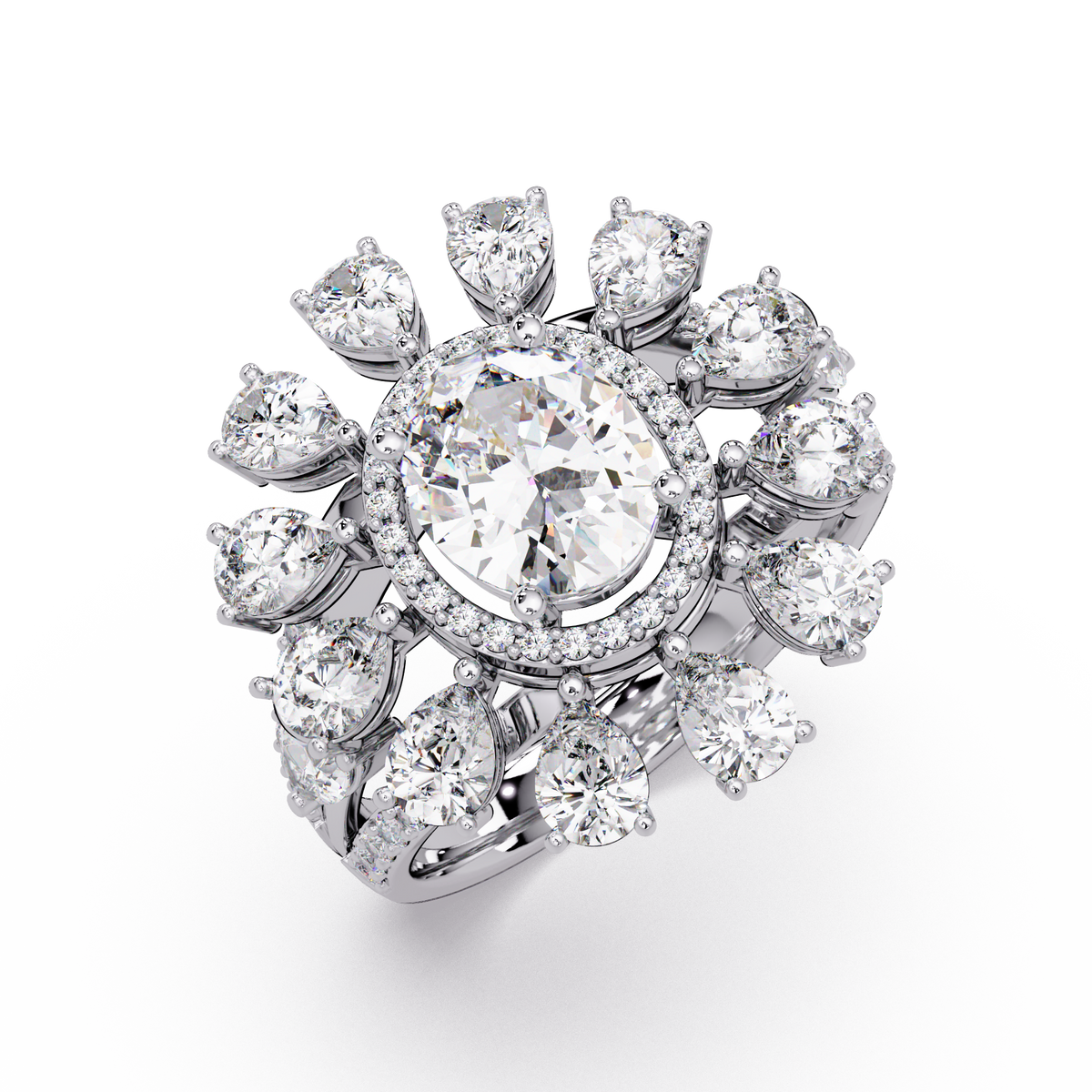 Oval Lab Grown Diamond Sunburst Halo Statement Ring - HIGHCARAT DIAMONDS