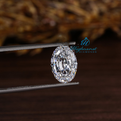 Certified oval Portuguese cut lab grown diamond displayed in close-up view