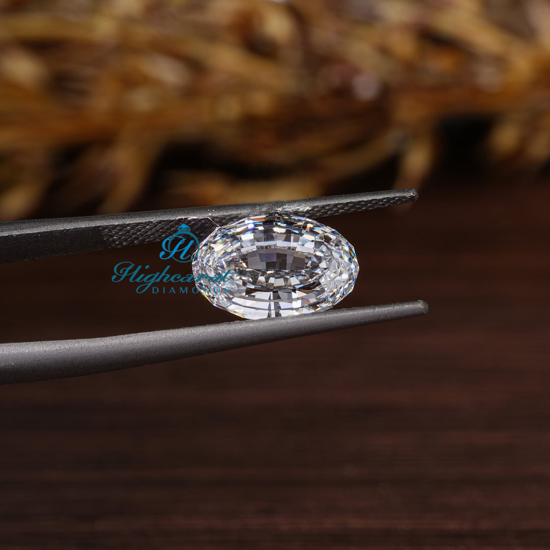 Loose oval Portuguese shape diamond featuring detailed crown facets and balanced sparkle