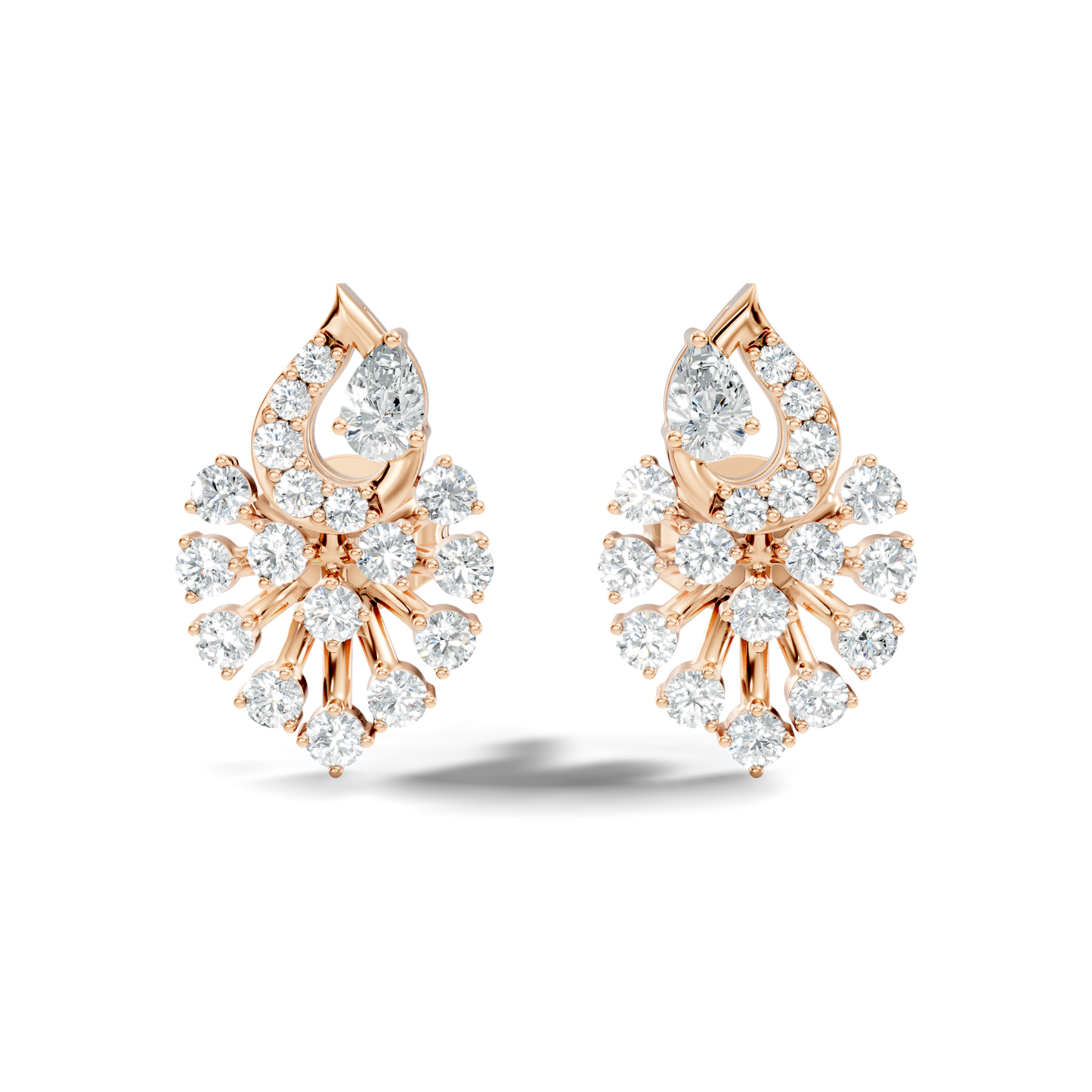 Lab Grown Floral Leaf Cluster Diamond Stud Earrings 14K Rose Gold Statement Design - HIGHCARAT DIAMONDS