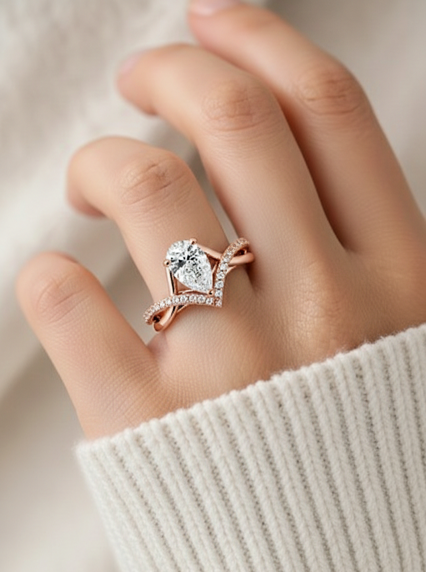 Pear And Round Cut Diamond White Colorless Elegant Dainty Classic Wedding Ring Gift For Bridal