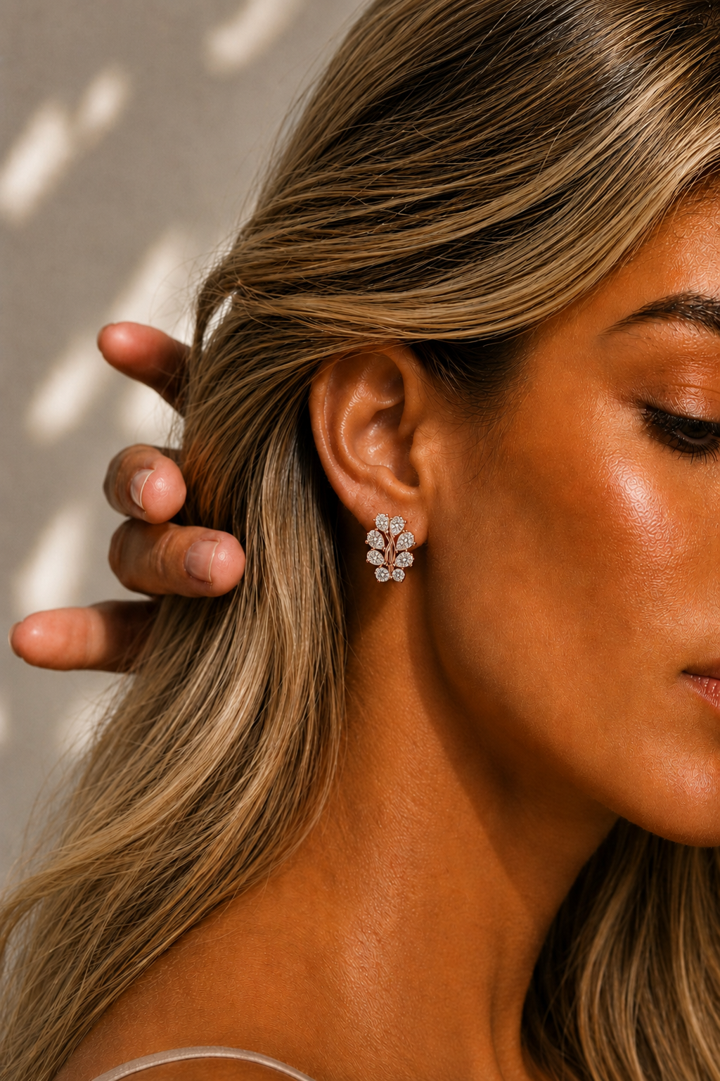 Pear Cut Lab Grown Diamond 14k Rose Gold Cluster Stud Earring - HIGHCARAT DIAMONDS