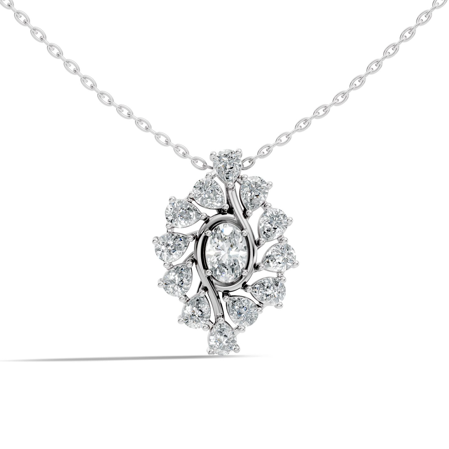 Oval Lab-Grown Diamond Floral Halo Pendant 14K White Gold Necklace With Pear Elegence - HIGHCARAT DIAMONDS