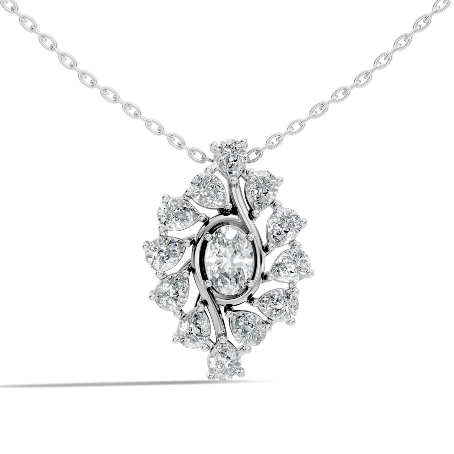 Oval Lab-Grown Diamond Floral Halo Pendant 14K White Gold Necklace With Pear Elegence - HIGHCARAT DIAMONDS