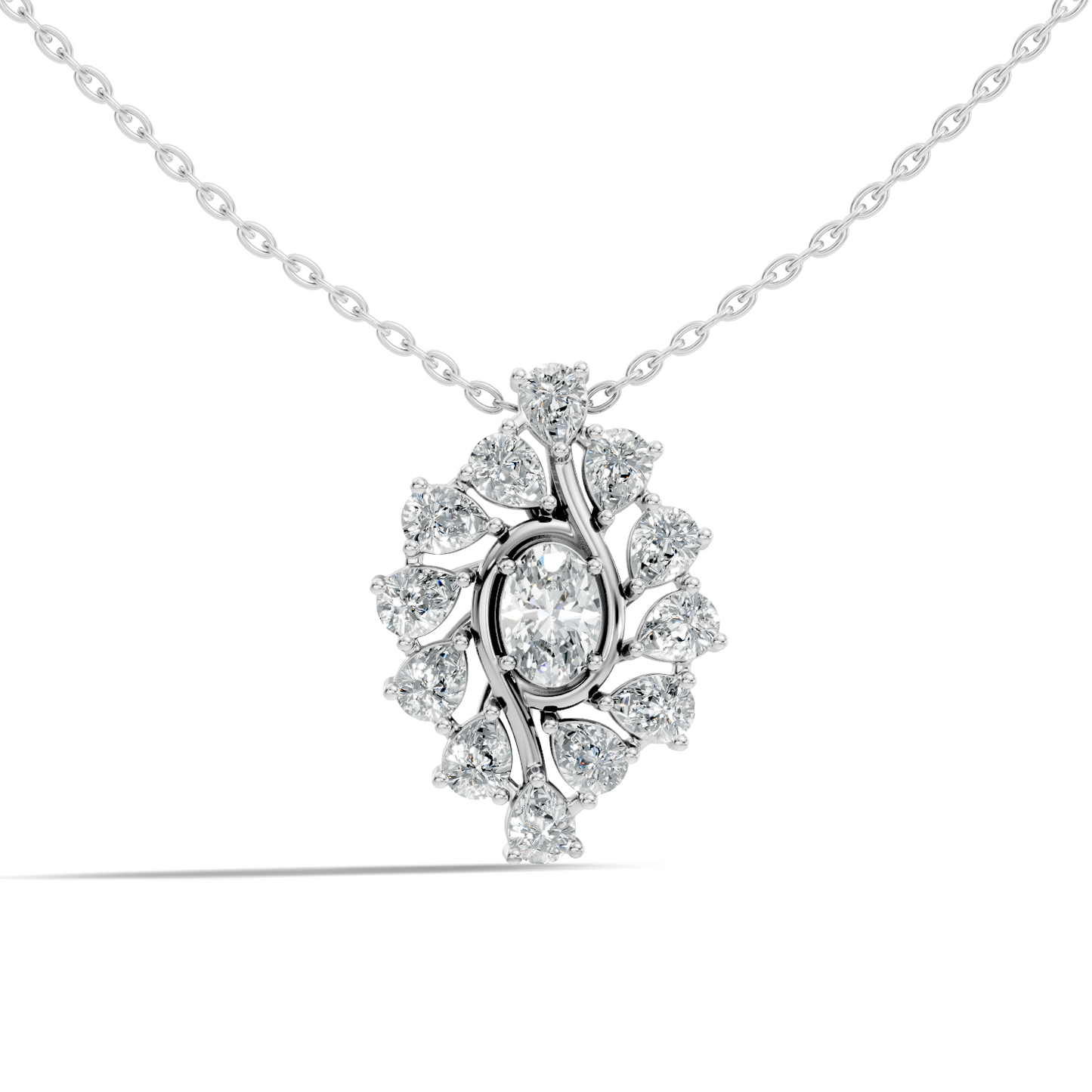 Oval Lab-Grown Diamond Floral Halo Pendant 14K White Gold Necklace With Pear Elegence - HIGHCARAT DIAMONDS