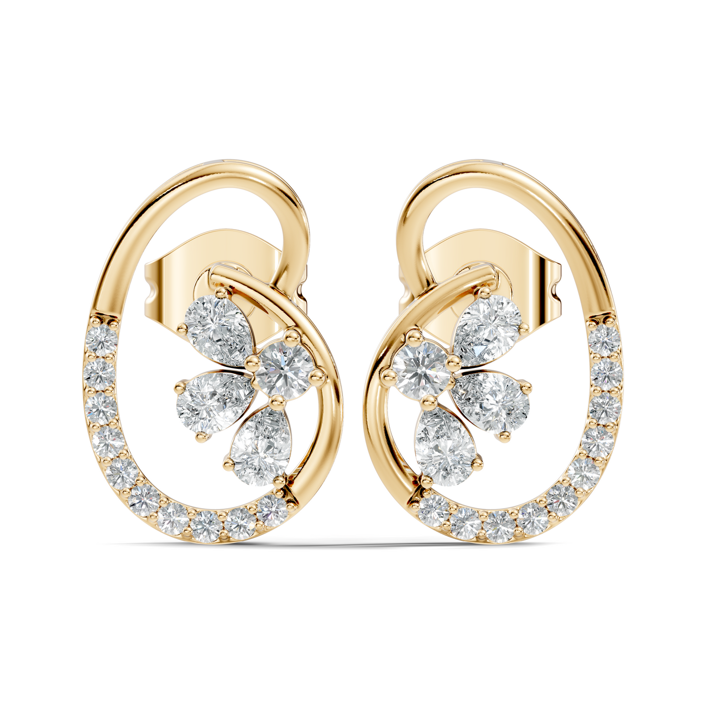 Elegant Oval Frame Floral Pear And Round Diamond Stud Earrings In 14K Solid Rose Gold - HIGHCARAT DIAMONDS