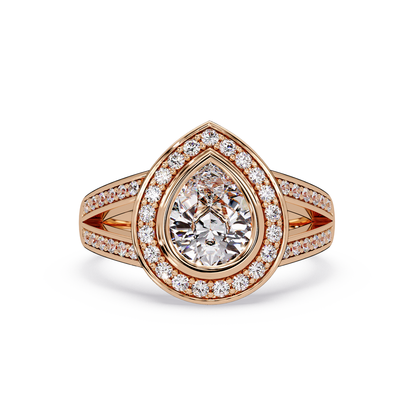 Pear Shaped Double Halo Lab Grown Diamond Split Shank Ring - HIGHCARAT DIAMONDS