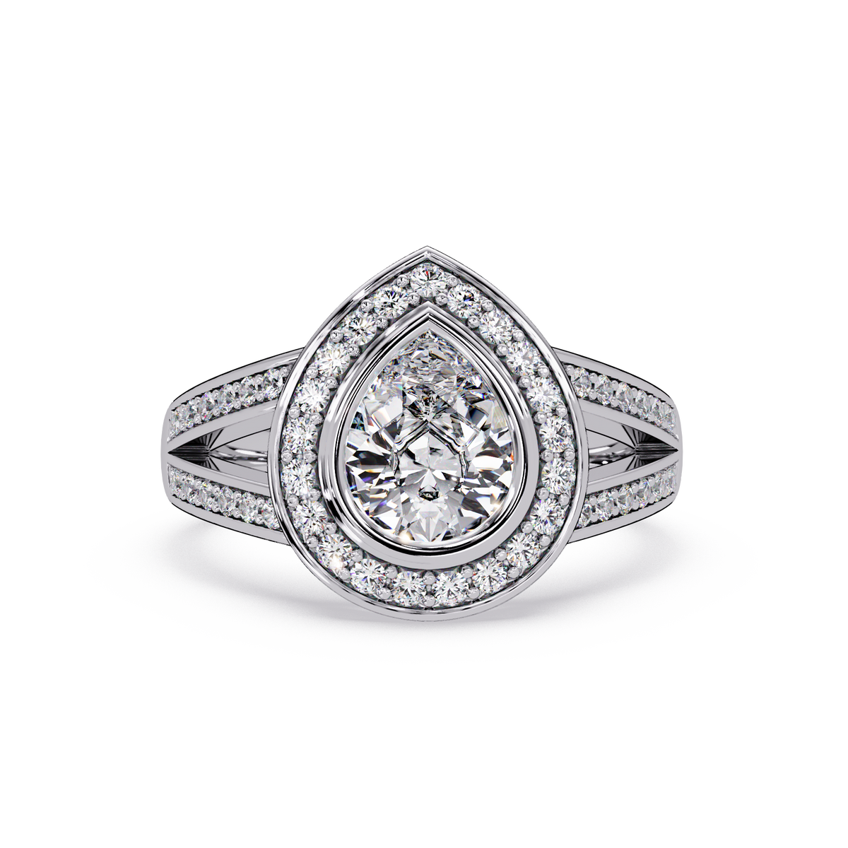 Pear Shaped Double Halo Lab Grown Diamond Split Shank Ring - HIGHCARAT DIAMONDS