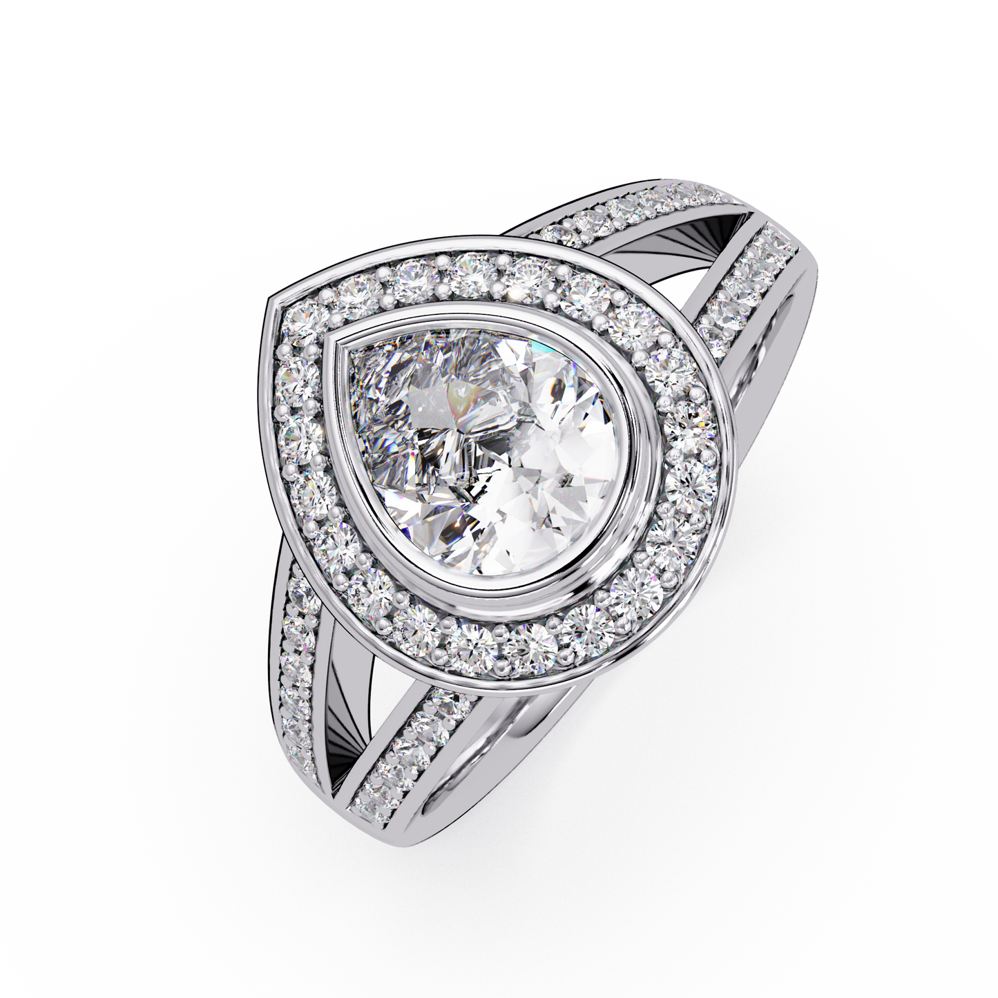 Pear Shaped Double Halo Lab Grown Diamond Split Shank Ring - HIGHCARAT DIAMONDS