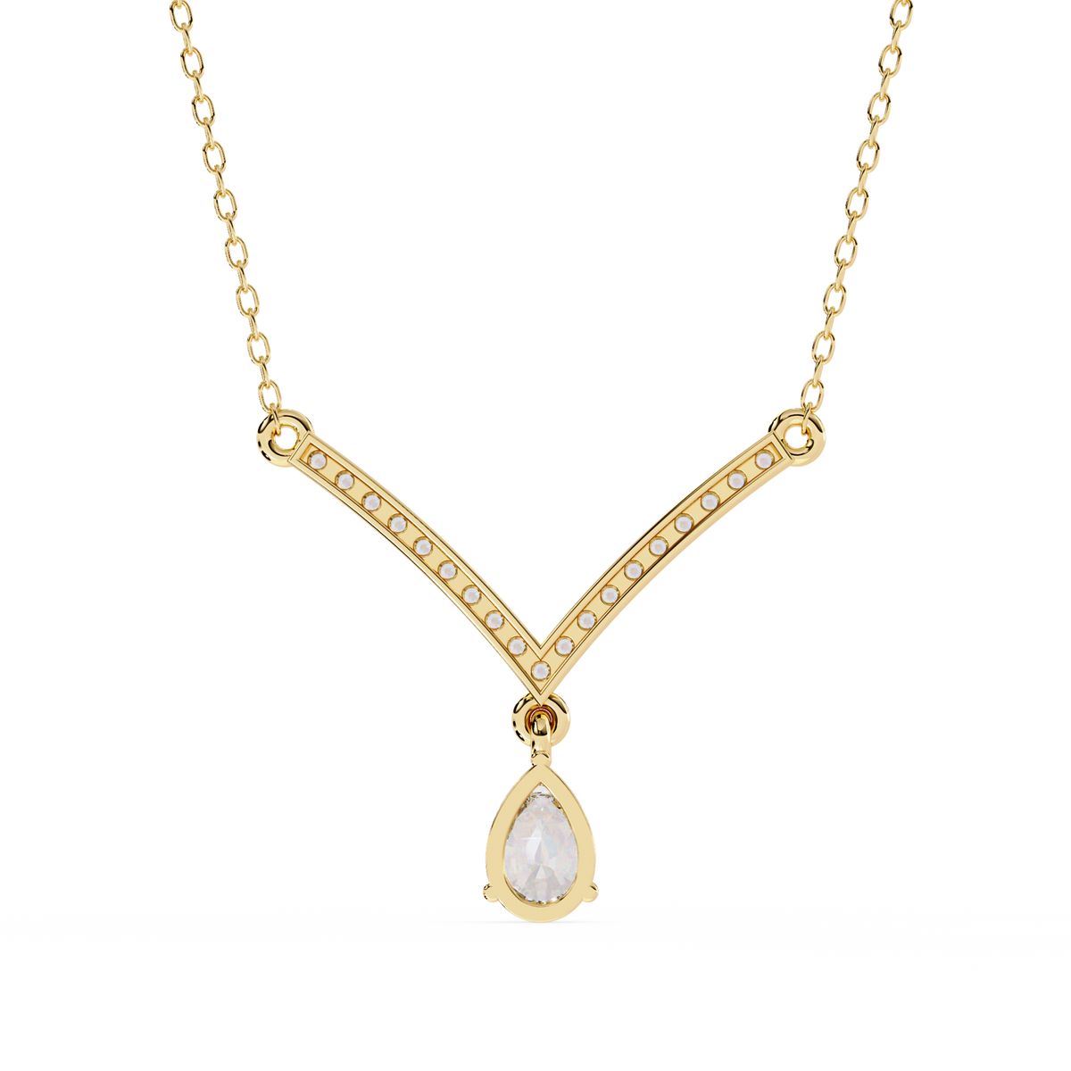 V Shape 10k Solid Gold  Pear And Round Cut Lab Grown Diamond Delicate Unique Statement Vintage Necklace - HIGHCARAT DIAMONDS