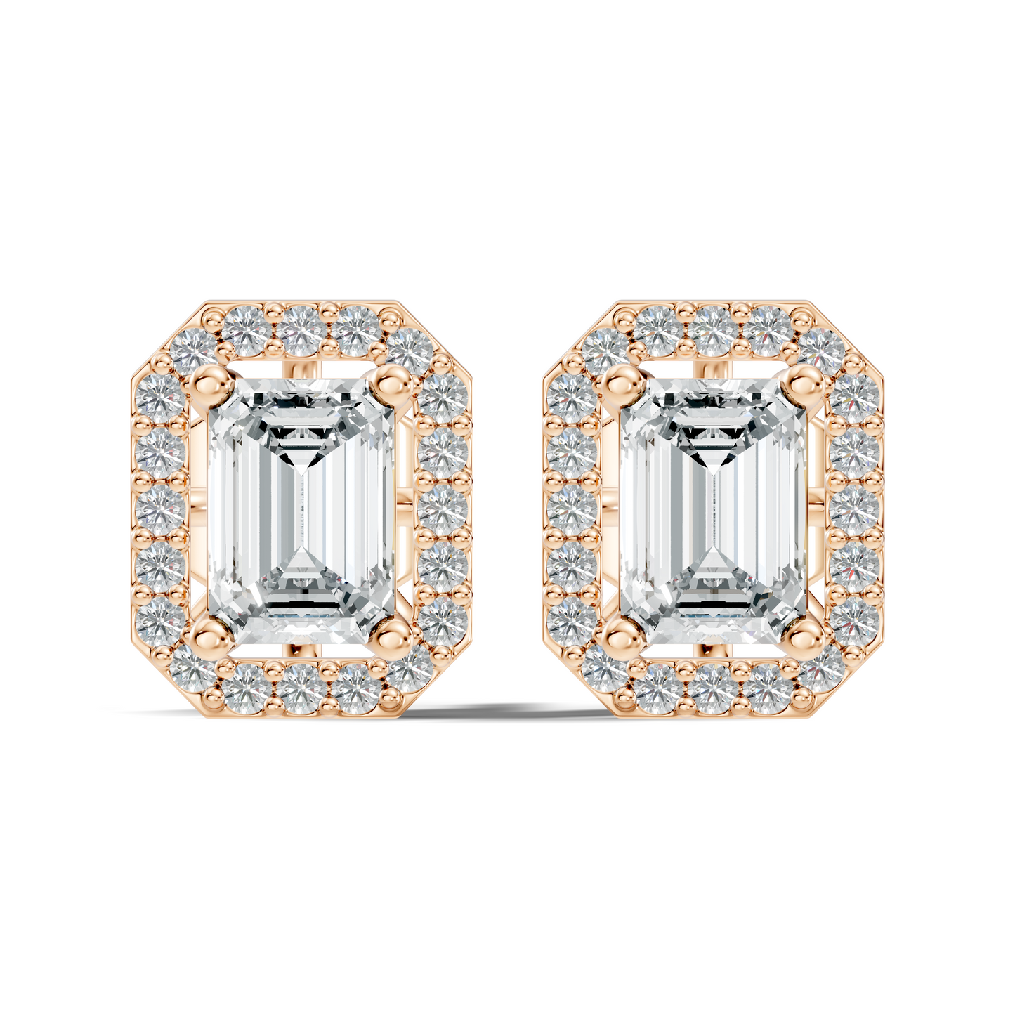 Emerald cut lab grown diamond halo stud earrings in yellow gold