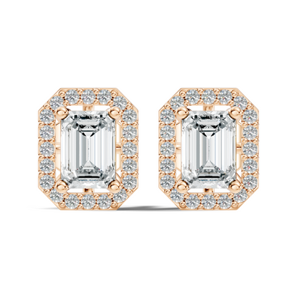 Emerald cut lab grown diamond halo stud earrings in yellow gold