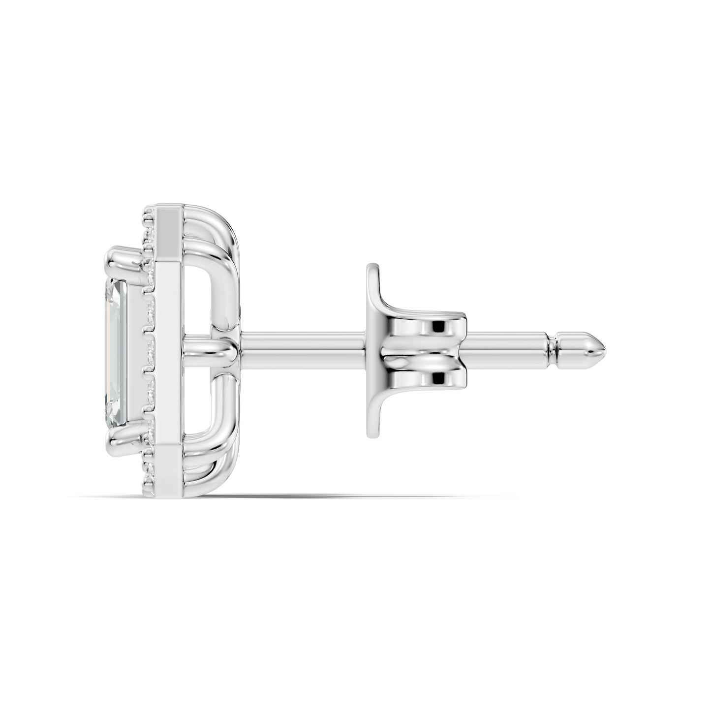Classic emerald cut halo studs with yellow gold finish