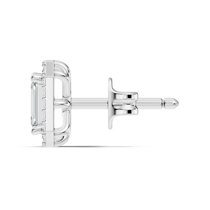 Classic emerald cut halo studs with yellow gold finish