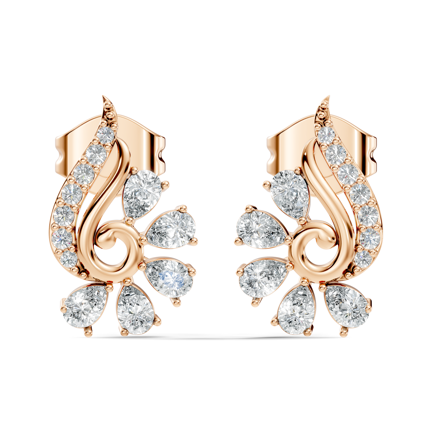 Elegant Pear & Round Diamond Stud Earrings Sparkling Facets In 14K Solid Gold For Her - HIGHCARAT DIAMONDS