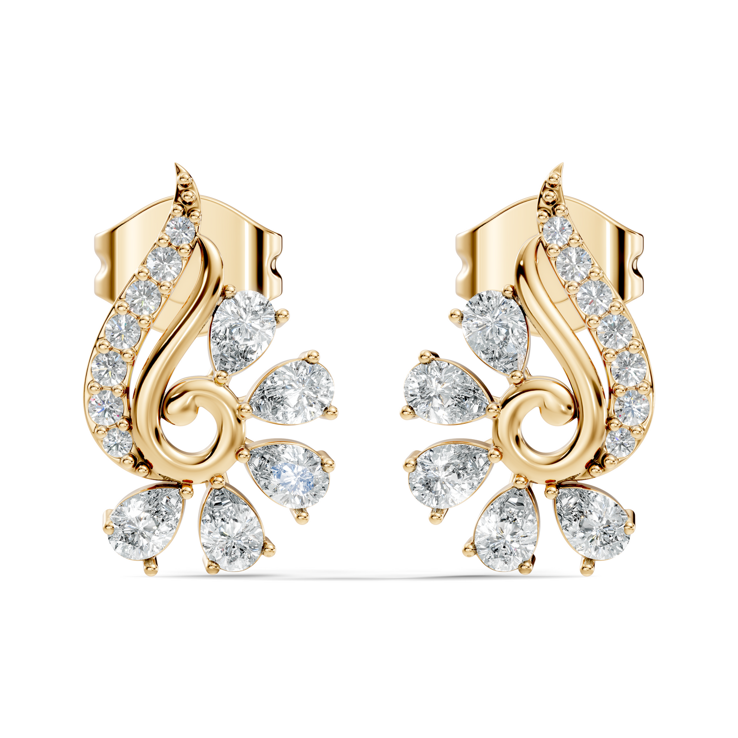 Elegant Pear & Round Diamond Stud Earrings Sparkling Facets In 14K Solid Gold For Her - HIGHCARAT DIAMONDS
