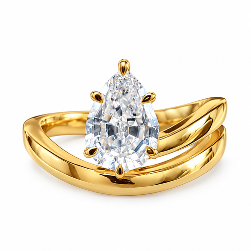 Solitaire Yellow Gold Pear Step Cut Lab Grown Diamond Ring