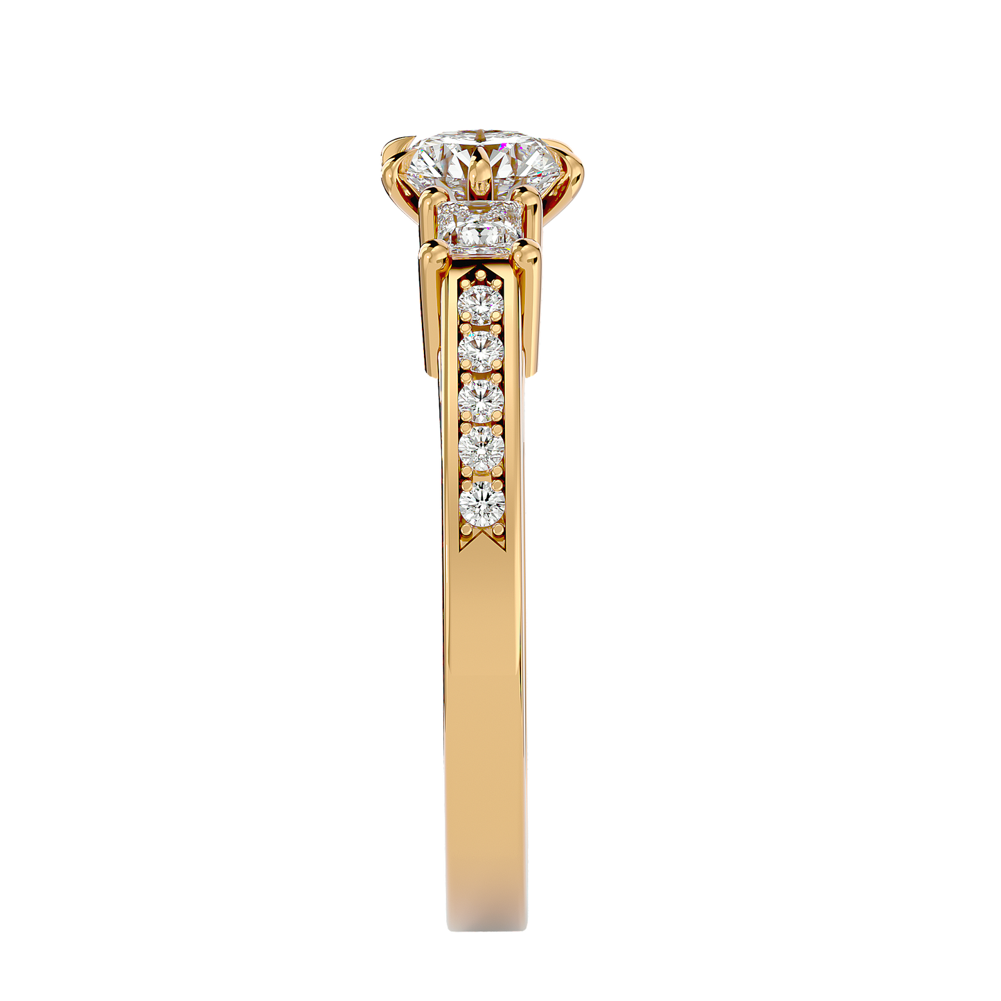 Princess And Round Diamond Accented 18K Solid Gold Three Row Diamond Proposal Ring For Her.