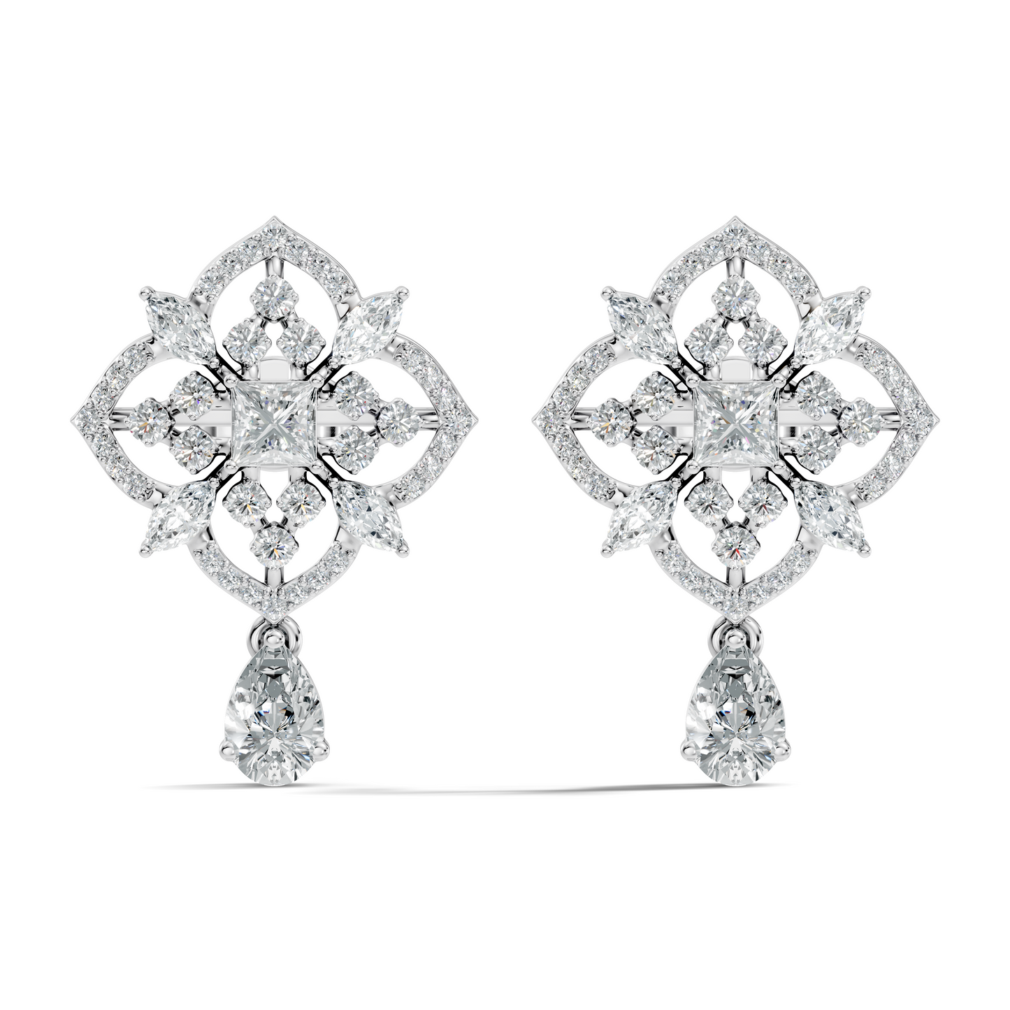 Vintage Pear & Princess Lab-Grown Diamond Stud Earrings In 14K White Gold - HIGHCARAT DIAMONDS