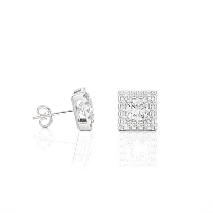 Princess Cut Diamond Stud Earrings Lab Grown Wedding Studs Halo Earring Gift for Women's