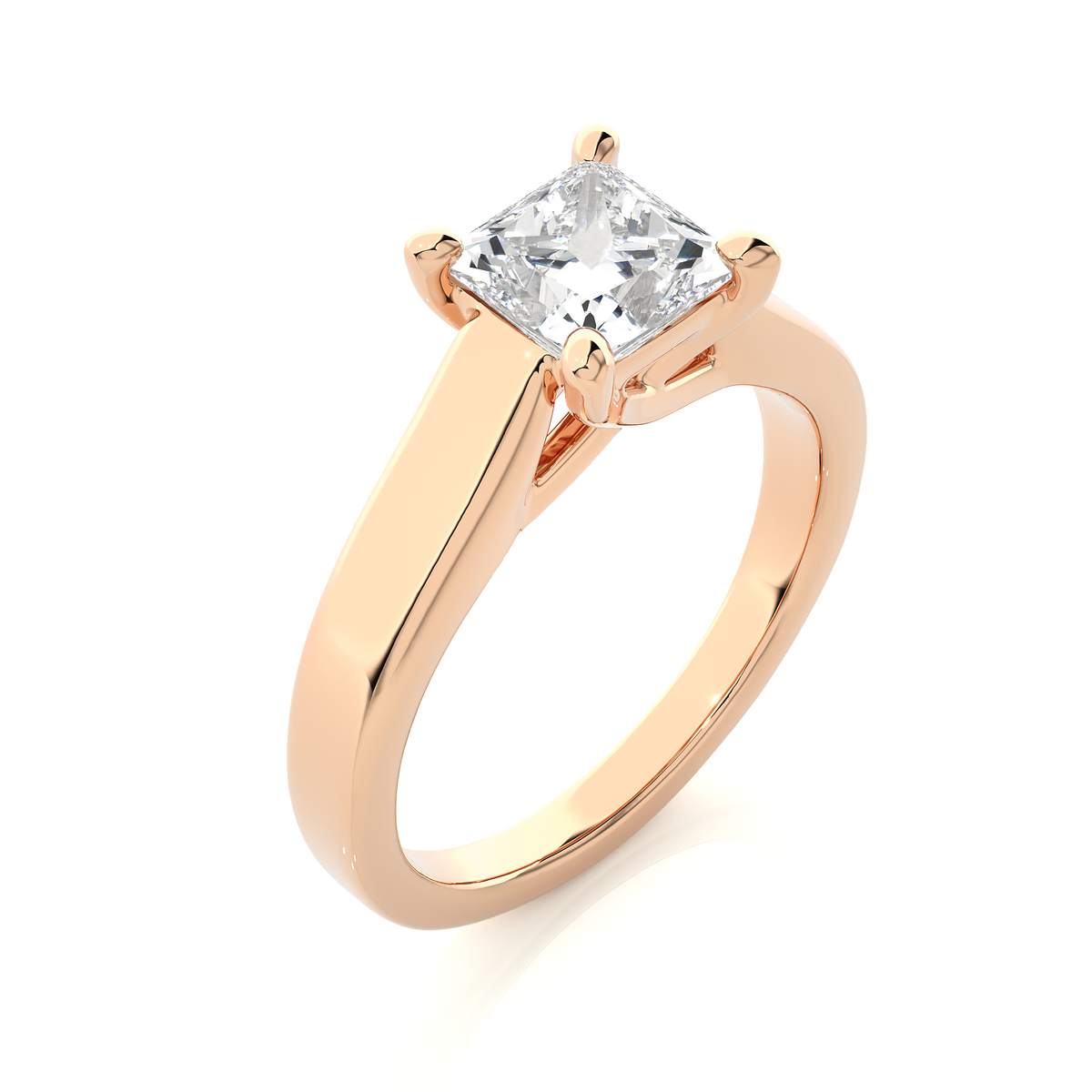 Close up of princess cut solitaire ring with refined prong details