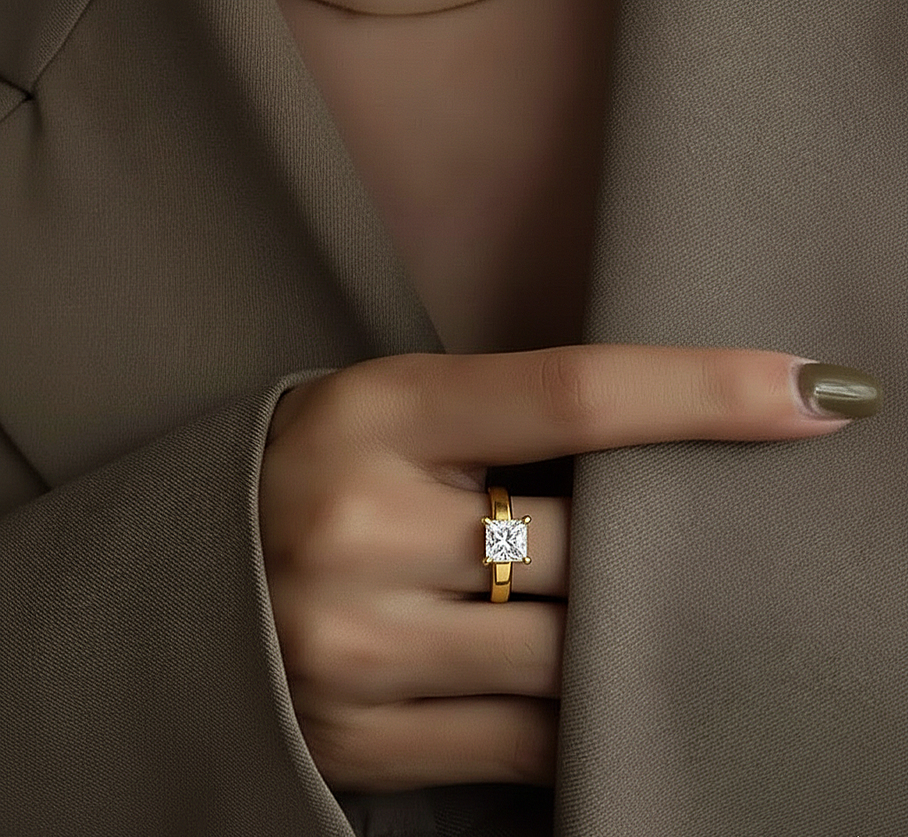 360 view video of princess cut lab diamond solitaire engagement ring rotating on white background