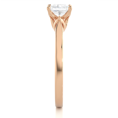 Close up of princess cut wedding ring with refined setting details