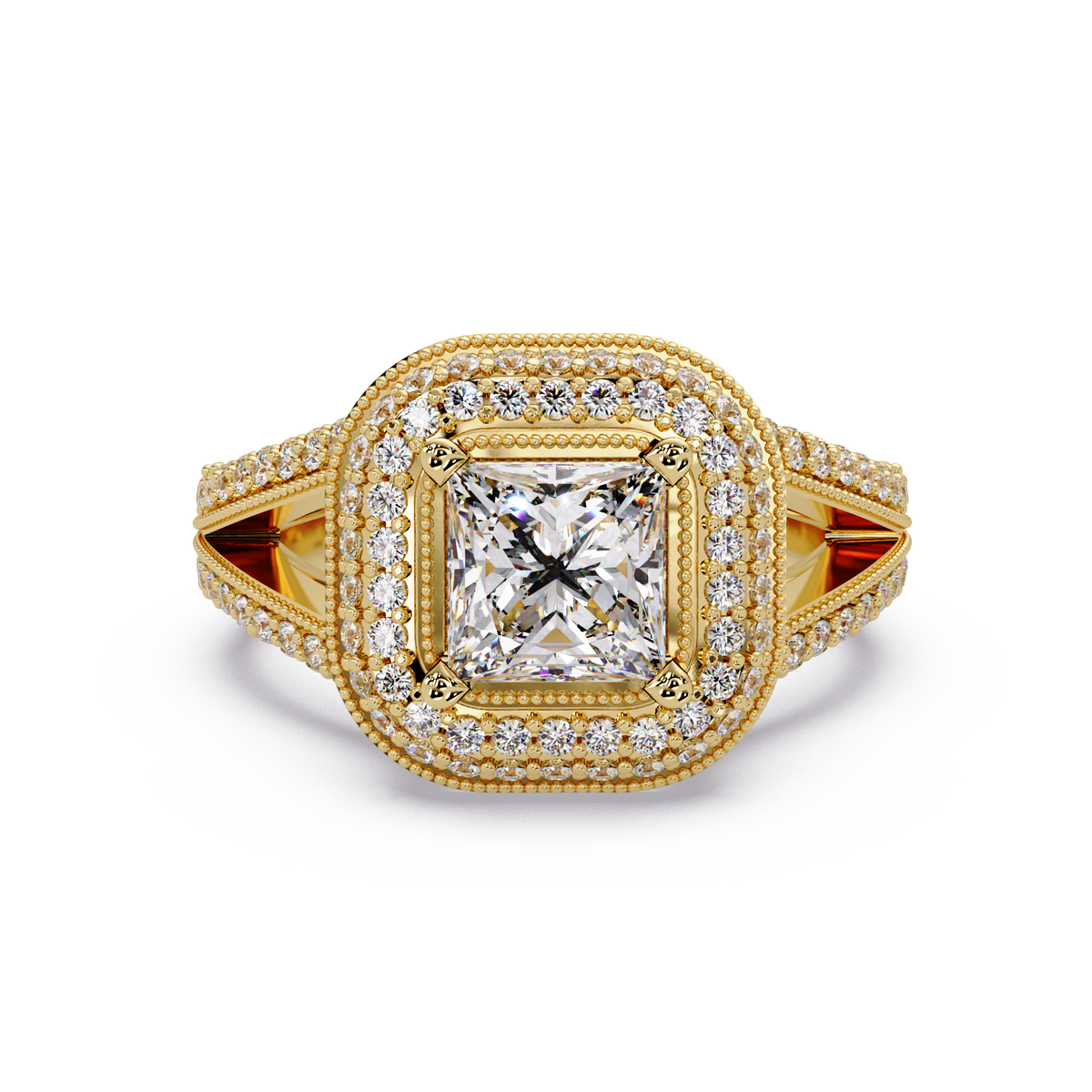 Princess Cut Lab Grown Diamond Double Halo Vintage Ring - HIGHCARAT DIAMONDS