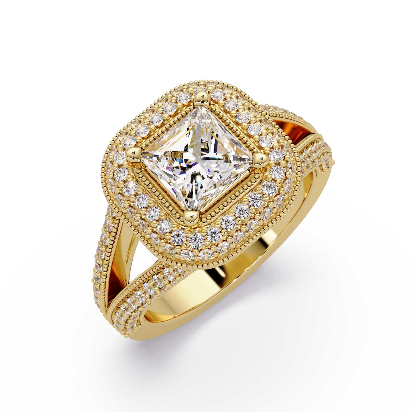 Princess Cut Lab Grown Diamond Double Halo Vintage Ring - HIGHCARAT DIAMONDS