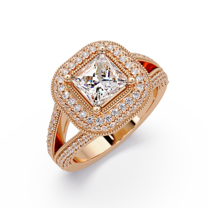 Princess Cut Lab Grown Diamond Double Halo Vintage Ring - HIGHCARAT DIAMONDS