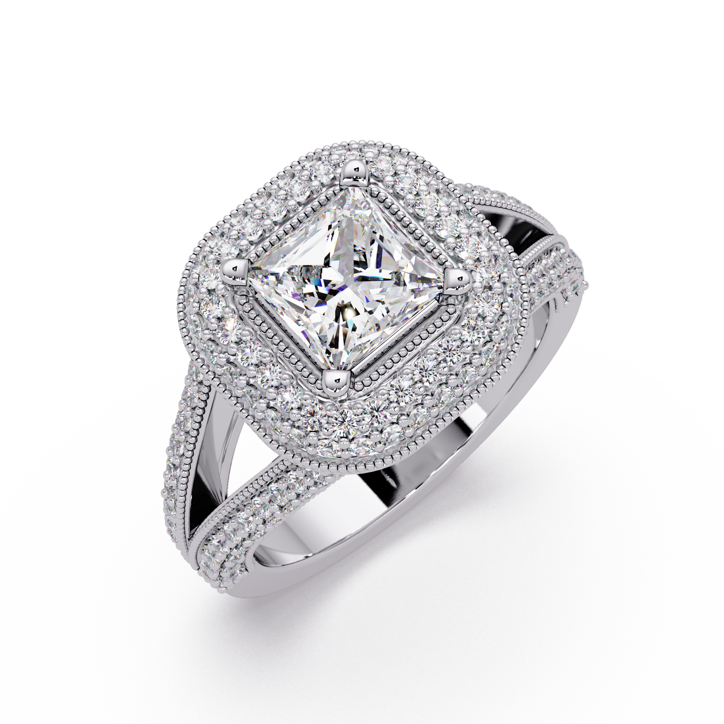 Princess Cut Lab Grown Diamond Double Halo Vintage Ring - HIGHCARAT DIAMONDS