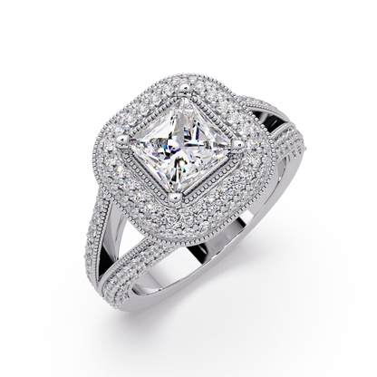Princess Cut Lab Grown Diamond Double Halo Vintage Ring - HIGHCARAT DIAMONDS