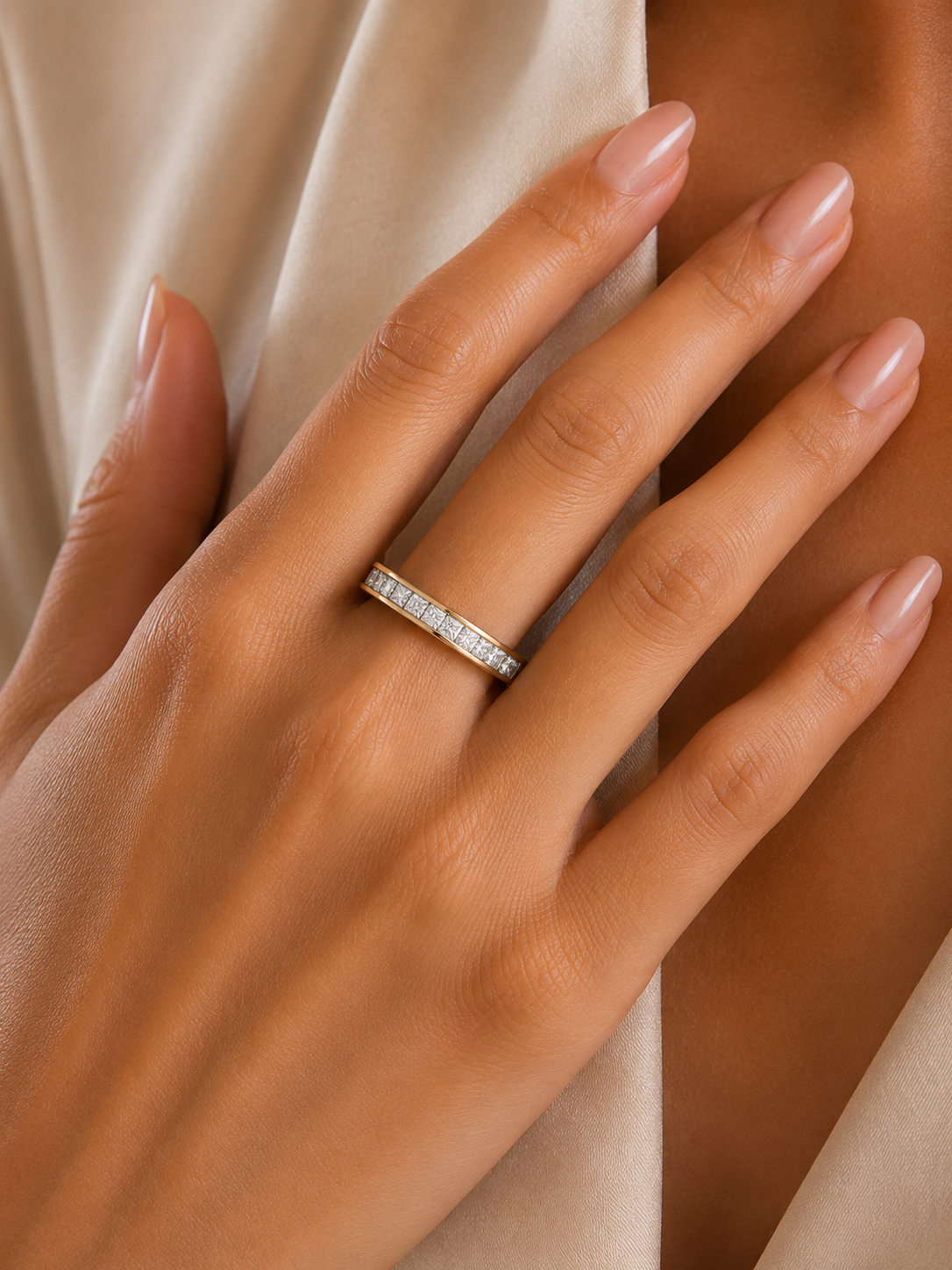 Labgrown Princess Cut Gold Half Eternity Band Ring 14K Solid Gold Stackable Band for Women's - HIGHCARAT DIAMONDS